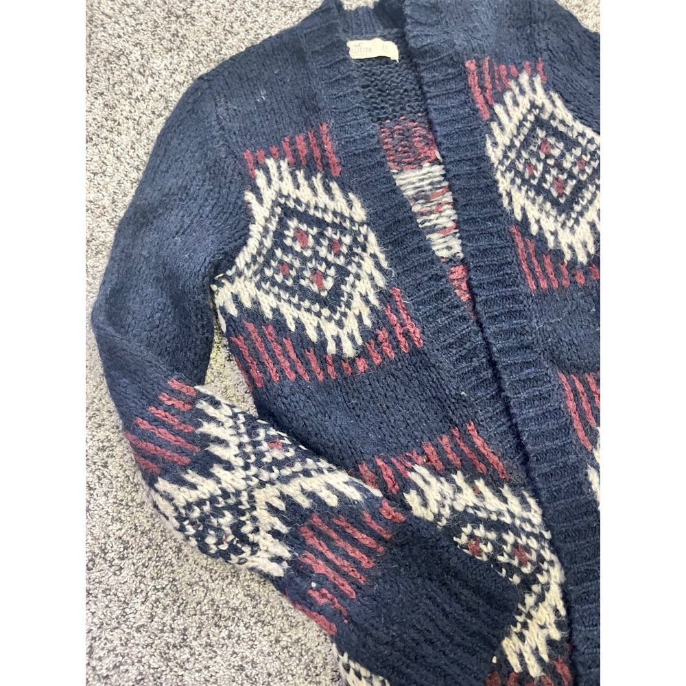 Hollister Fair Isle Geometric Knit Open‎ Front Cardigan Sweater Navy Burgundy XS - Picture 3 of 9